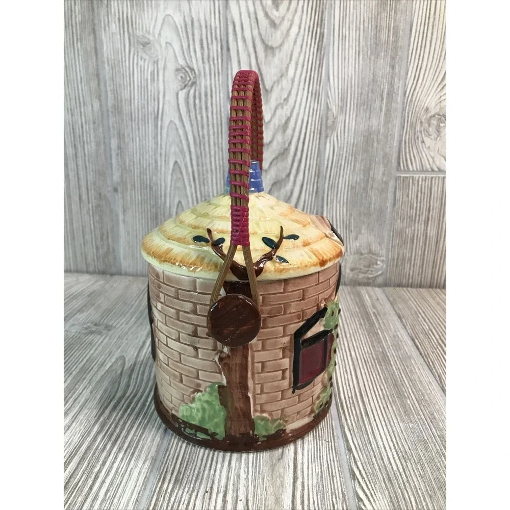 VTG Ceramic Cottage House Cookie Jar Biscuit Barrel Wicker Handle Hand Painted